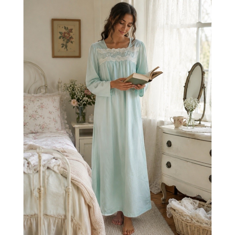Miss Elaine Nightgown M Aqua Blue Satin Lace Flannel Grannycore Cottagecore